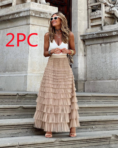 Women’s Layered Ruffle Cake Skirt | A-Line Mesh Party Dress
