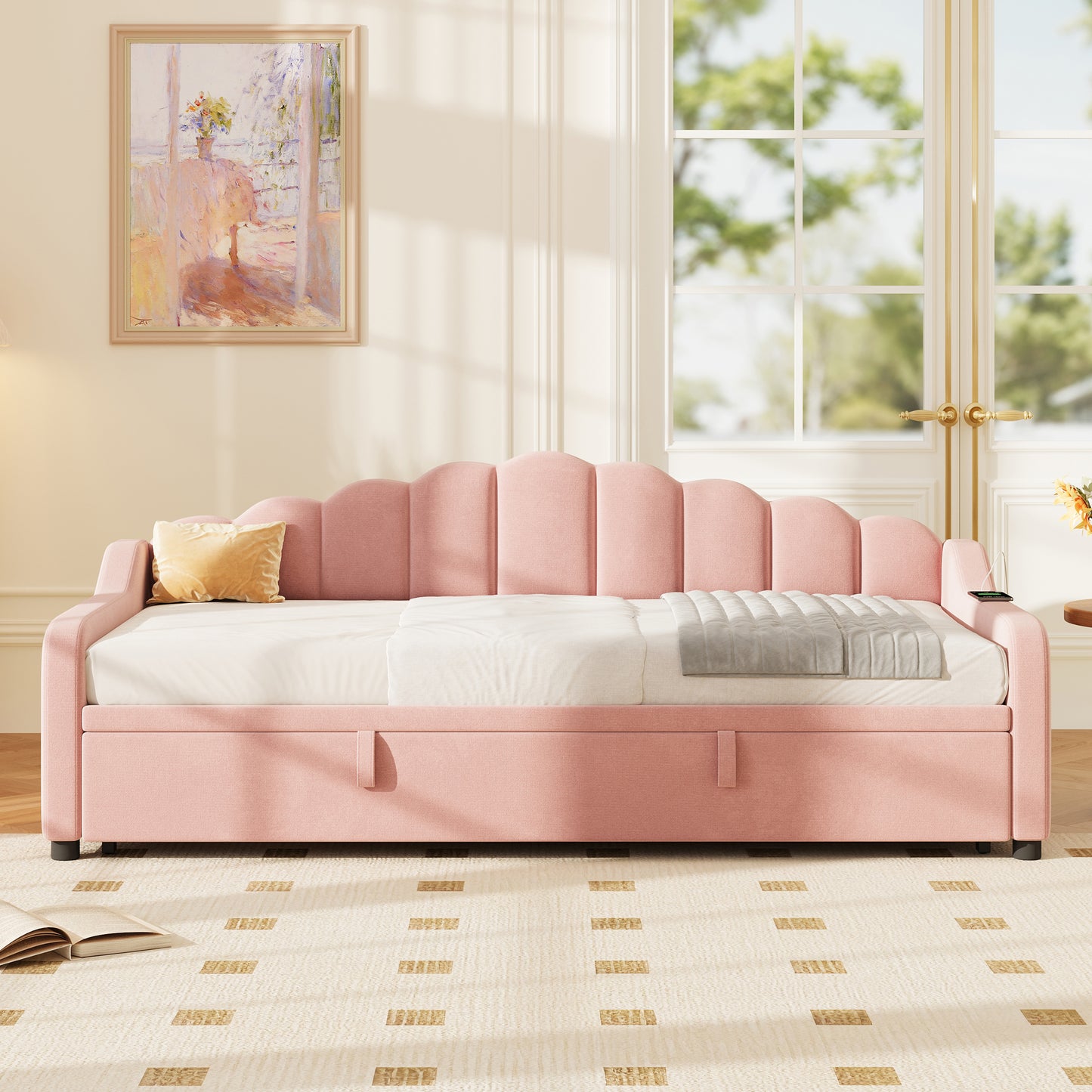 3ft Single Velvet Daybed with Pull-Out Trundle & Charging Station – Chic Fluted Backrest Sofa Bed