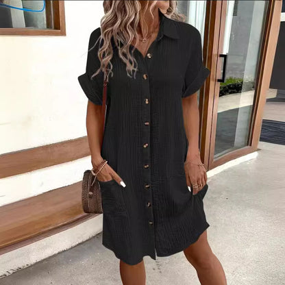 Summer Short Sleeve Shirt Dress – Women’s Loose Mid Length Button Dress