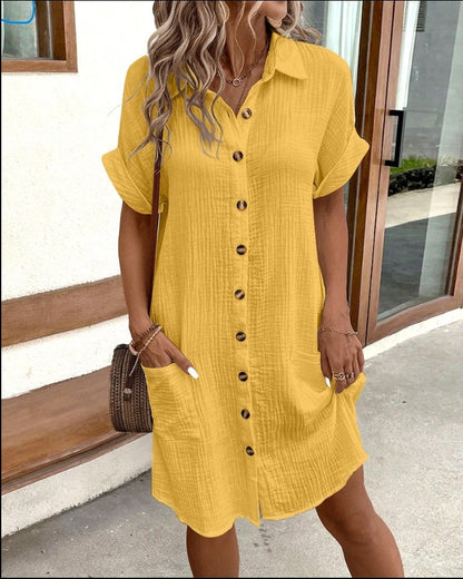 Summer Short Sleeve Shirt Dress – Women’s Loose Mid Length Button Dress