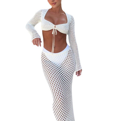 Lace Mesh Long Sleeve Knitted Maxi Dress