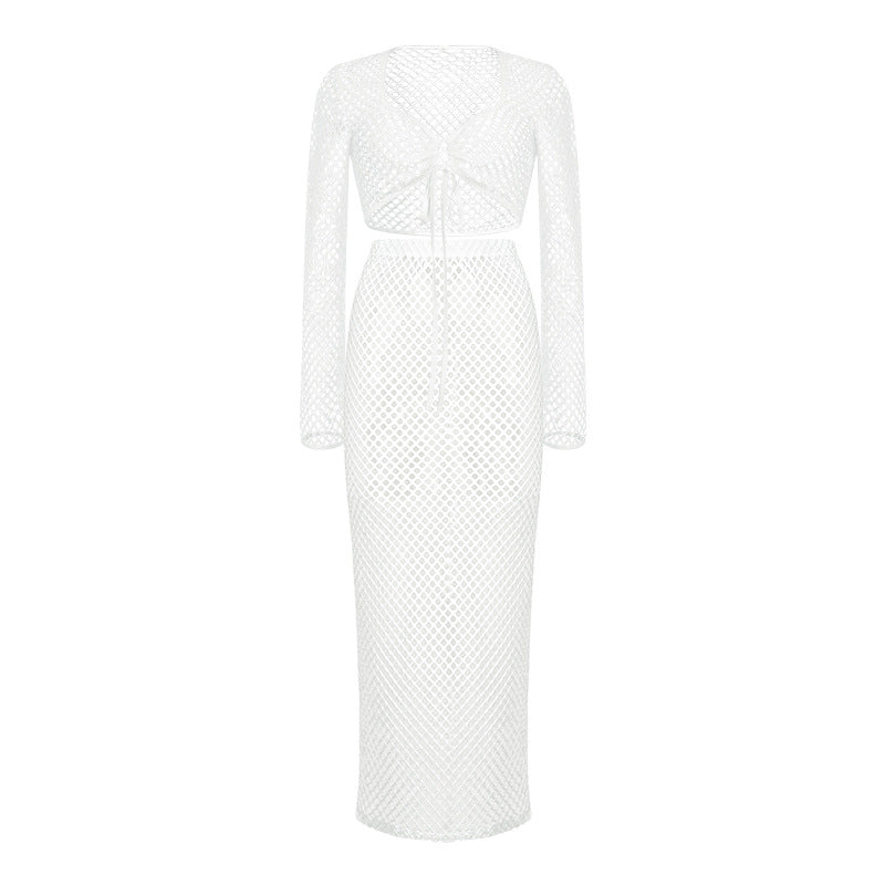 Lace Mesh Long Sleeve Knitted Maxi Dress