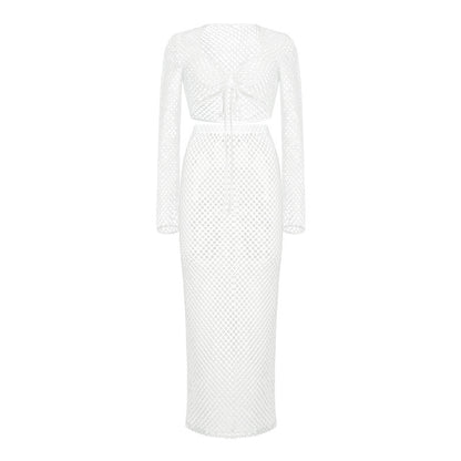 Lace Mesh Long Sleeve Knitted Maxi Dress